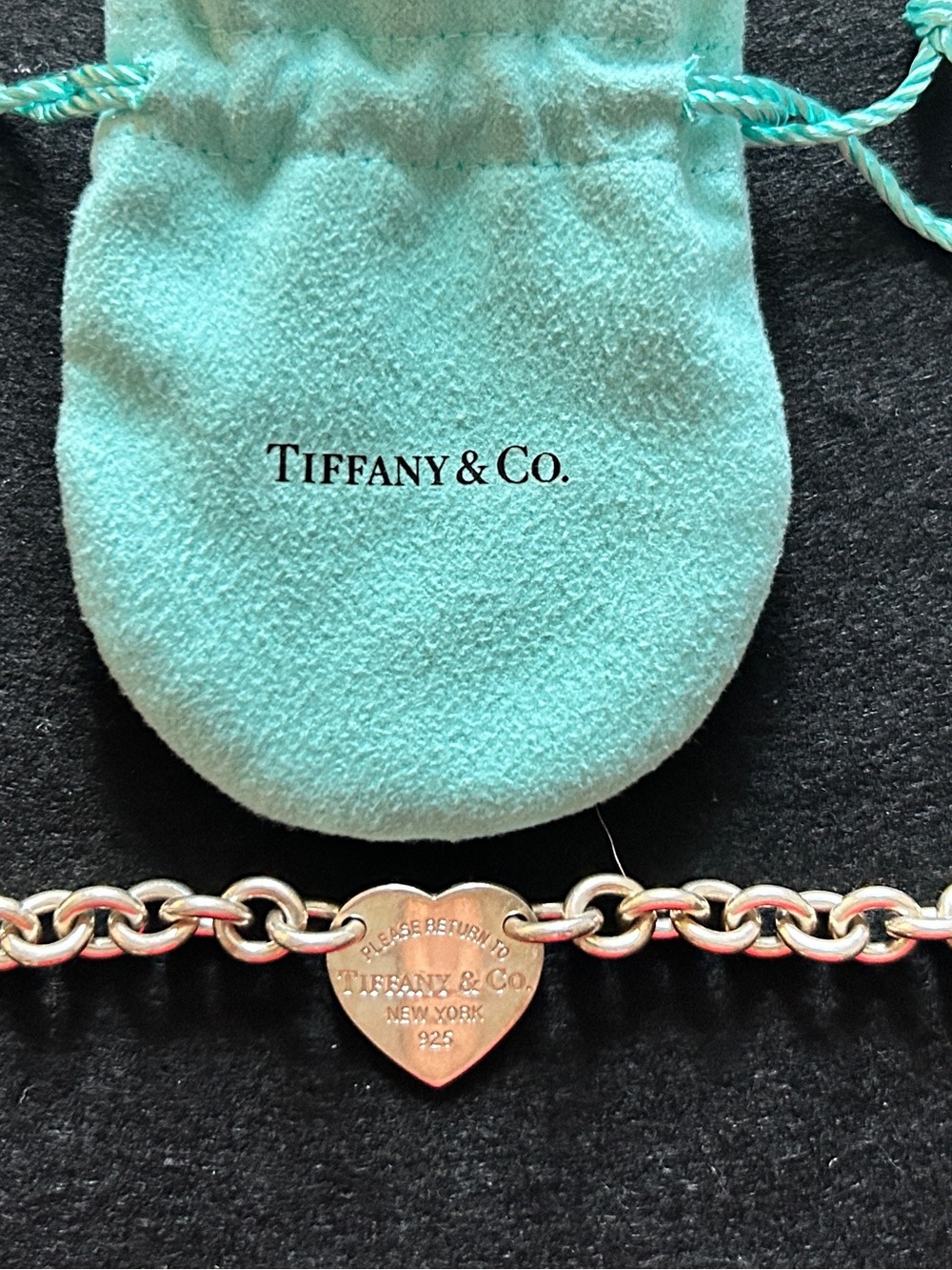 Authentic Tiffany & Co. Silver Heart Tag Bracelet with Signature Blue Pouch